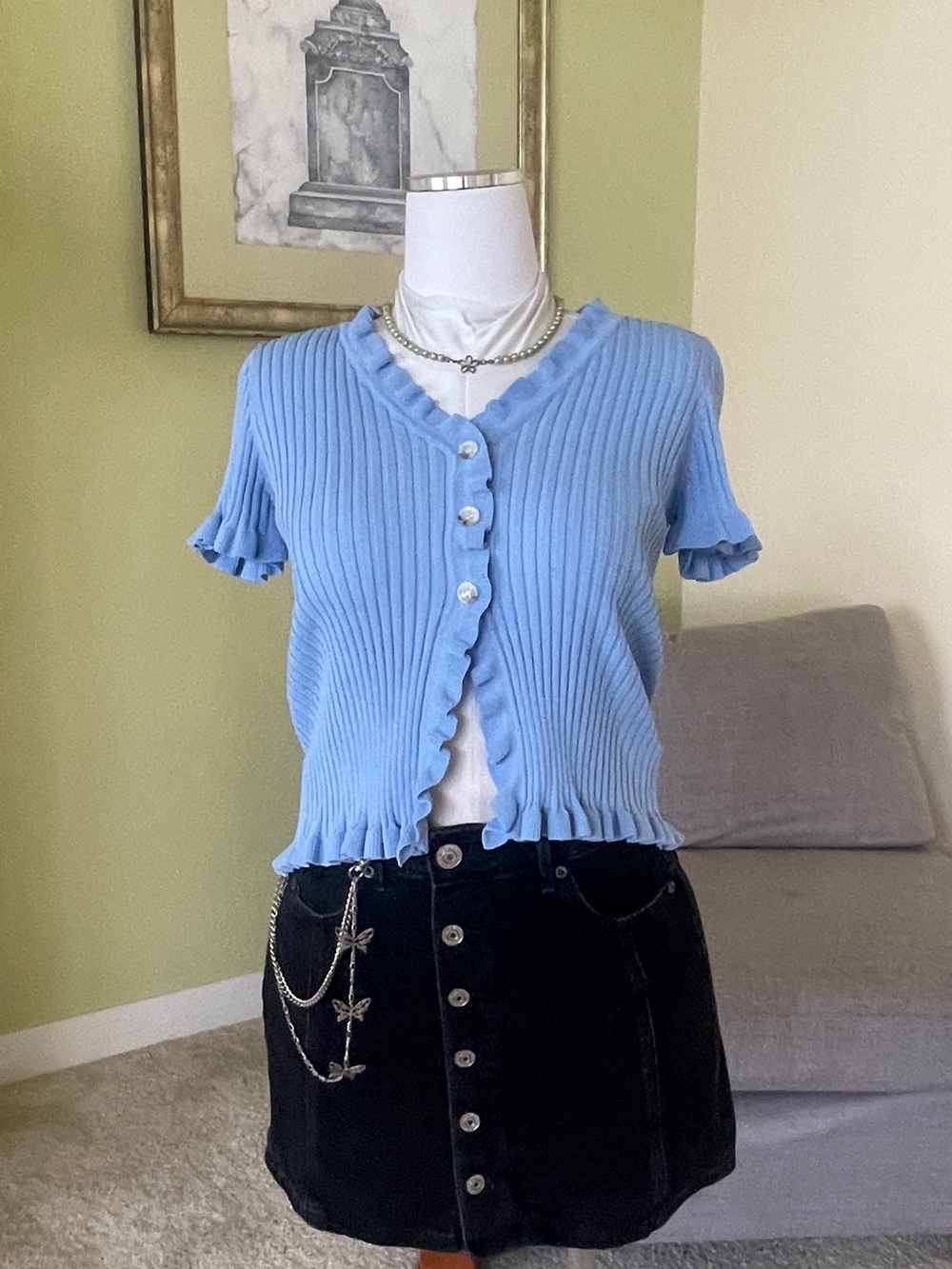 Papaya Sky Blue Ribbed Ruffle Button Top